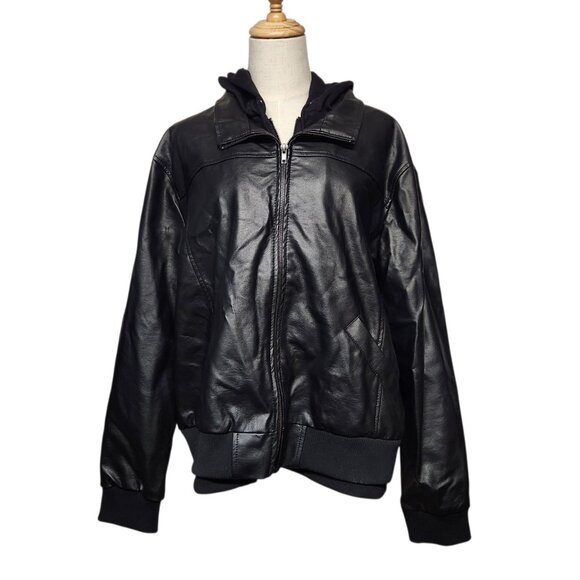 White Birch 2X Plus Faux Leather Jacket Hoodie Black EUC - Picture 1 of 7